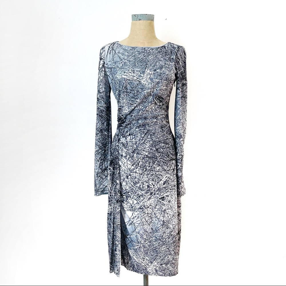 Halston Heritage Long Sleeve Nail Print Fitted Gray Dress Size 6
